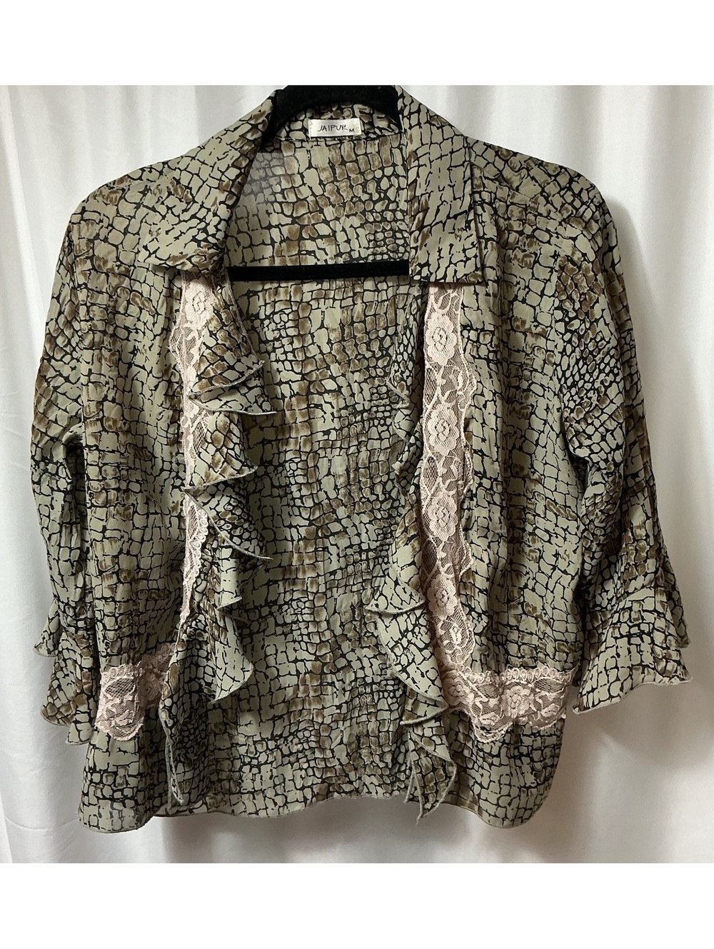 Jaipur Women’s M Ruffle Front Jacket Blouse Animal Print 3/4 Sleeve Office Work